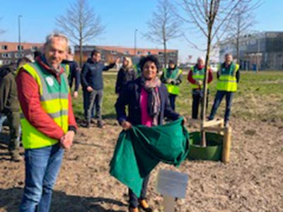 Onthulling boomsteker bij de nieuwe Lindenboom